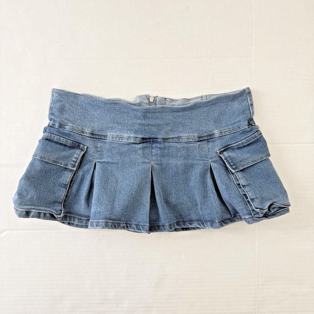 Y2K Denim Micro Mini Pleated Skirt Skort Low‎ Rise Indie Sleaze Pockets Size L